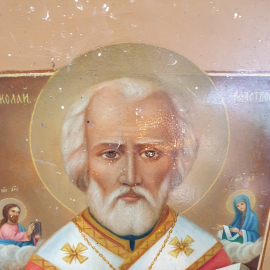 Икона "Святой Николай Чудотворец", холст, дореволюционная, размер 31х26 см, есть дефекты (на фото). Картинка 2